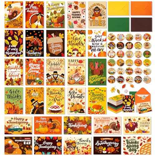 120 Pack Thanksgiving Cards with Envelopes & Stickers Thanksgiving Greeting Cards Bulk 30 Designs Fall Cards Blank Inside Harvest Cards for Happy Harvest Party Supply, 4 x 6 Inch