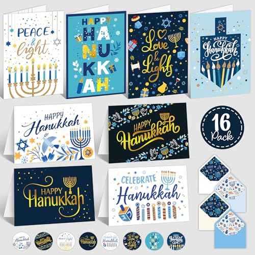 Decorably 16 Pack Gold-Foiled and Glittery 5x7in Happy Hanukkah Cards with Envelopes and Stickers - 8 Elegant Designs Assorted Hanukkah Card with Printed Message Inside