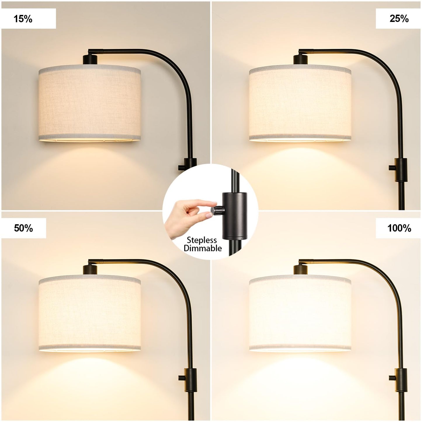 Nintiue Upgraded Modern Arc Dimmable Tall Standing Floor Lamp with White Shade, 1200 Lumens LED Bulb Included, for Living & Reading Room, Bedroom, Office & Nursery, Black