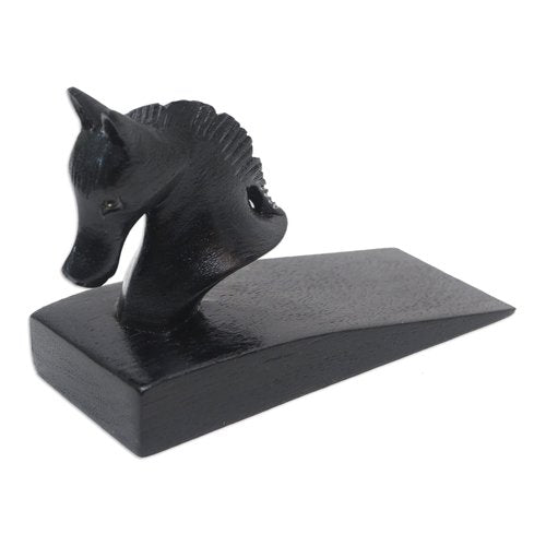 NOVICA Black Hand Carved Suar Wood Horse Door Stopper, 'Handy Horse In Black'
