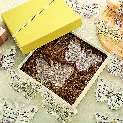 Pinkunn 12 Pcs Acrylic Christian Religious Gifts for Women Butterfly Scripture Church Gifts with Bible Verse and Prayers Inspirational Keepsake Faith Paperweight Bulk for Church