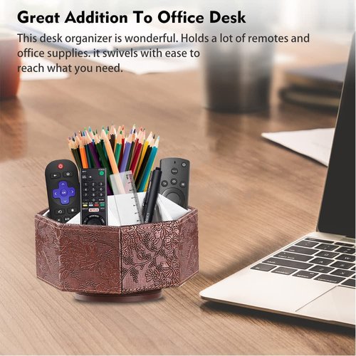 Arniche PU Leather Remote Control Holder,360 Degree Spinning TV Remote Caddy,9 Grids Desk Organizers and Accessories for Storage Controller,Calculator,Mail,Media,Pen,Phone etc (Antique)