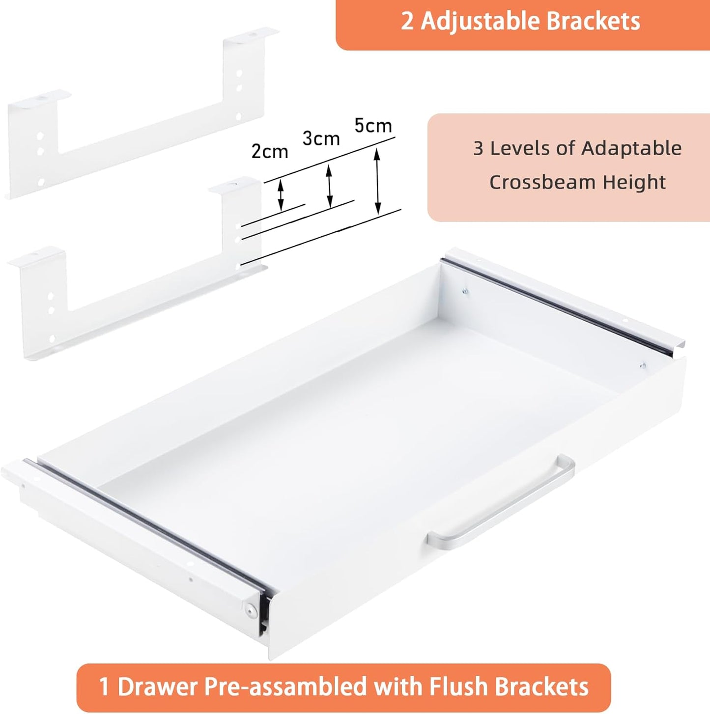 Under Desk Drawer Organizer - 21" White Adjustable Brackets & Sliding Pull-Out Design for Office Desks