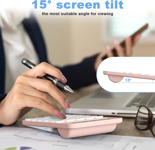 DECKLIT Desktop Calculator - Extra Large LCD Display with 12 Digits | Pink, 6.3" x 4.3" Size, 15° Tilt Screen