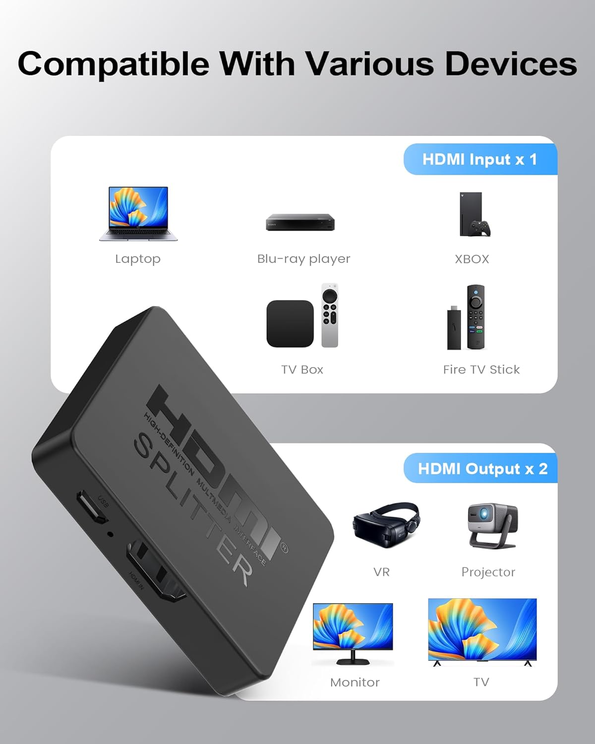 **HDMI Splitter - 4K Dual Output for Mirroring - Connects 2 Screens (Requires 5V 1A Power)**