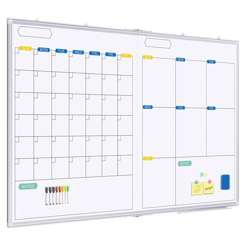 Dry Erase Calendar Whiteboard for Wall, 48" x 36" Monthly + Weekly Large Magnetic White Board Calendar Dry Erase, Silver Aluminum Frame