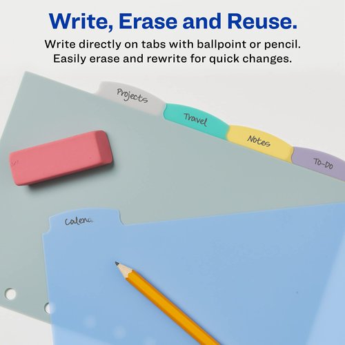 Avery Write & Erase Durable Plastic Mini Dividers for 3 Ring Binders and 7-Ring Binders, 5.5" x 8.5", 5-Tab Sets, Multicolor, 24 Sets, 120 Divider Tabs (16180)