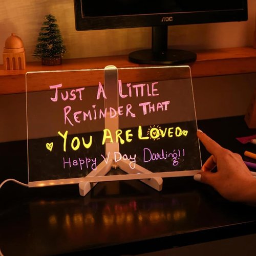 Cosmody Lumiboard LED Drawing Board, Lumi Board LED Drawing Tablet, Doodle Glow LED Note Board, Home and Oak Creative Magic Board with 12 Colors, Light Up Acrylic Dry Erase Board (7.9*11.9in +12 pens)