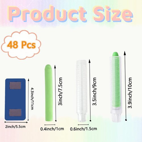 Kuihaazi 48Pcs Dustless Chalk Set with Chalkboard Eraser,Washable Chalk With Holder,Colored Chalkboard Chalk Drawing Chalks for Blackboard Writing