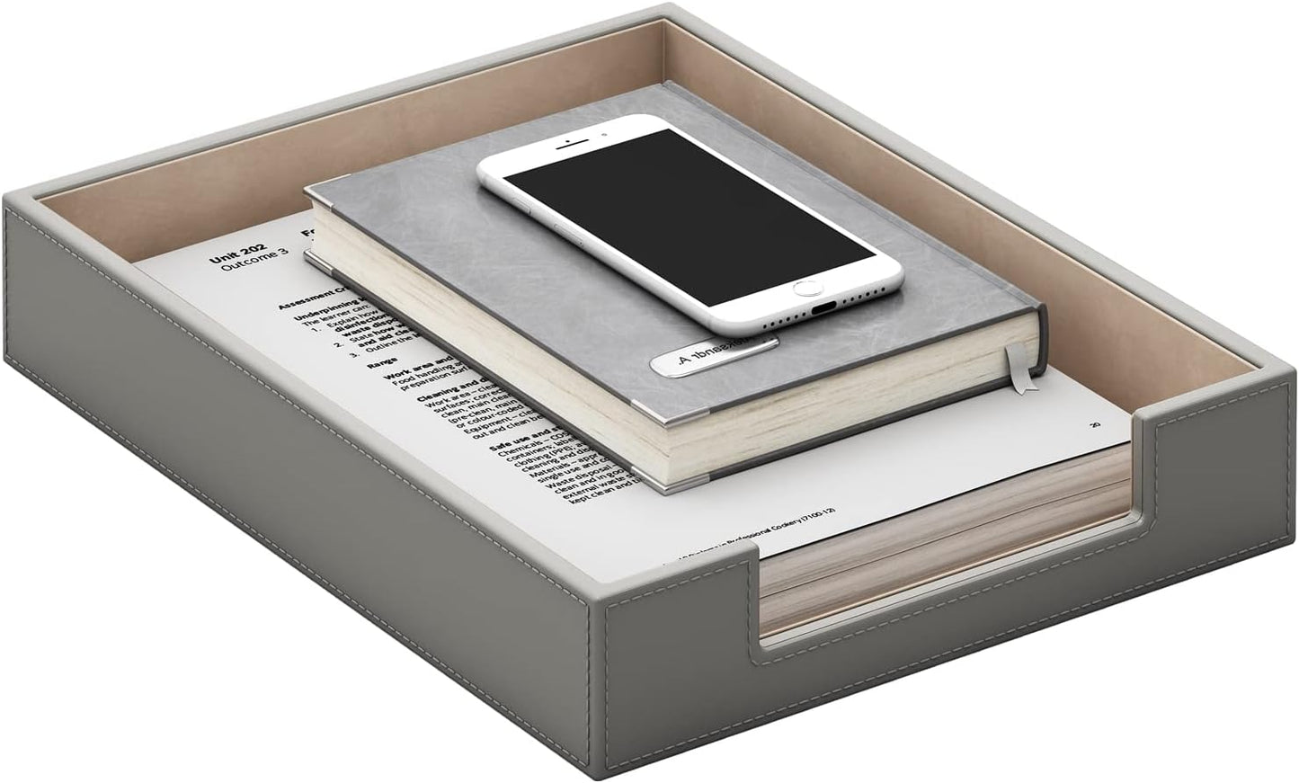 THIPOTEN Leather Letter Tray - Elegant Desk Organizer for Office Supplies & Mail | Grey Finish