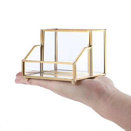 Hipiwe Glass Business Card Holder Stand with Pen/Pencil Organizer Gold Business Name Cards Display Holder for Home Office Desktop Countertop, 2 Slots