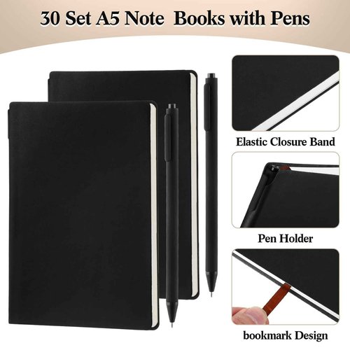 Jetec 30 Pack Notebooks Journals with 30 Pens, Bulk A5 Softcover Leather Notepad Journal with Pen for School Business Work Writing, 200 Pages(Black, Solid)