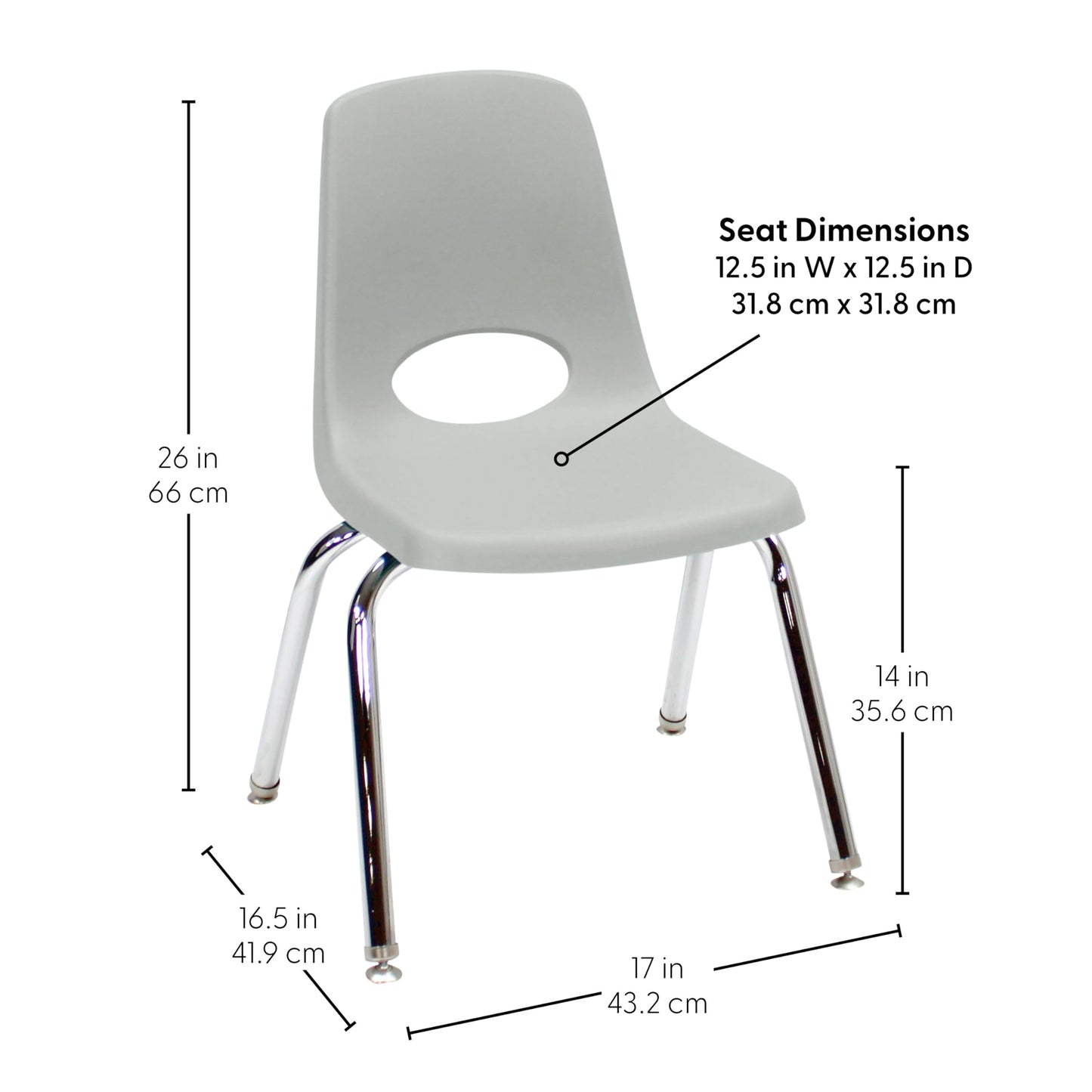 FDP 14" School Stack Chair,Stacking Student Seat with Chromed Steel Legs and Nylon Swivel Glides For In-Home Learning or Classroom - Light Gray (6-Pack), 10364-LG