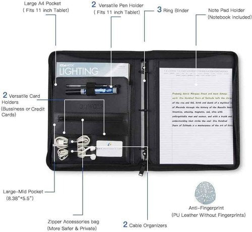 【2 Pack】 Padfolio Resume Portfolio Folder,OOWOLF PU Leather Professional with Round Ring Binder 8.5 x 11 Inch Writing Pad Tablet Sleeve Interview Document Organizer Business Card Holder Case
