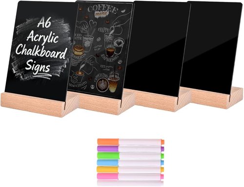 PINTUSON Mini Chalkboard Signs - Double-Sided Erasable Table Numbers with Wooden Stand | 4x6 Acrylic Food Labels for Parties & Weddings