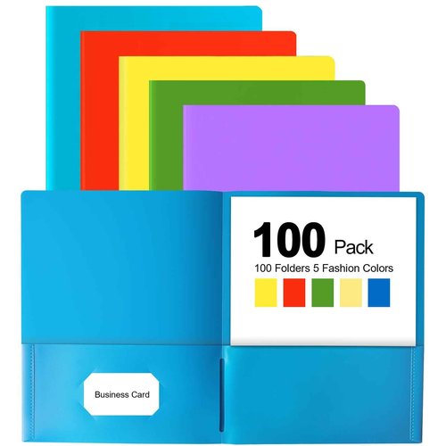 HABGP 100 Folders with Pockets, 5 Color Heavy Duty Plastic Two Pocket Folder with Business Card Holder for Office High School Business Resume