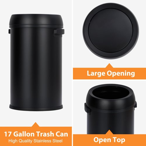 GarveeHome 17 Gallon/65 Liter Open Top Trash Can, Stainless Steel Rubbish Bin, Commercial Grade Waste Container, Round Garbage Can for Outdoor, Home Office, Restaurant, Black