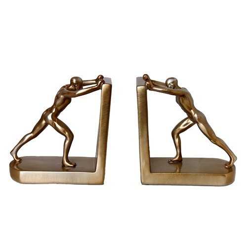 Gold Man Pushing Bookends for Shelves, Modern Resin Decorative Book Ends for Heavy Books, Unique Book Holders for Home Office Desk Decor