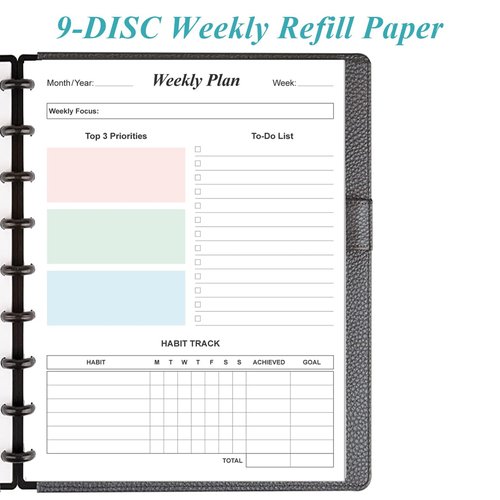 9 Disc Weekly Planner Refills - Classic Size 53 Sheets/106 Pages Colorful Weekly Planner for Happy Planners Insert, 100 gsm White Paper, Lasts 1 Year, Undated, 7" x 9.25"