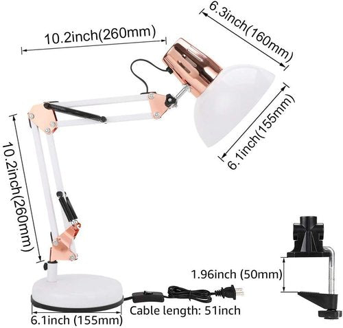 PowerKing Adjustable Metal Swing Arm Desk Lamp - 2-in-1 Function with Base & Clip | White & Rose Gold