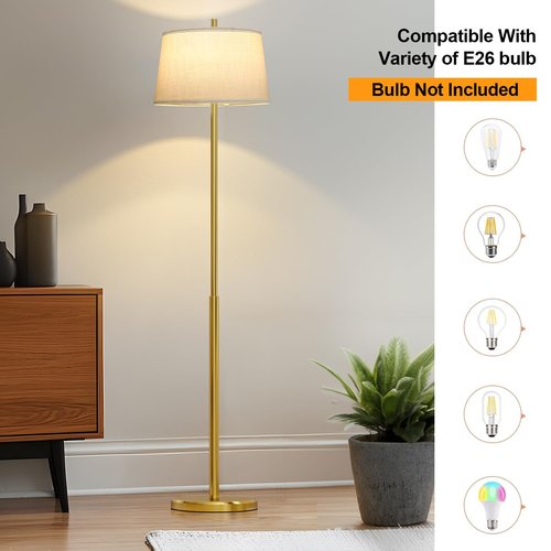 Oneach 61" Floor Lamp for Living Room, Gold Modern Standing Lamp with White Linen Shade, Brass Tall Pole Light with Rotary Switch for Bedroom, Office, Reading Room