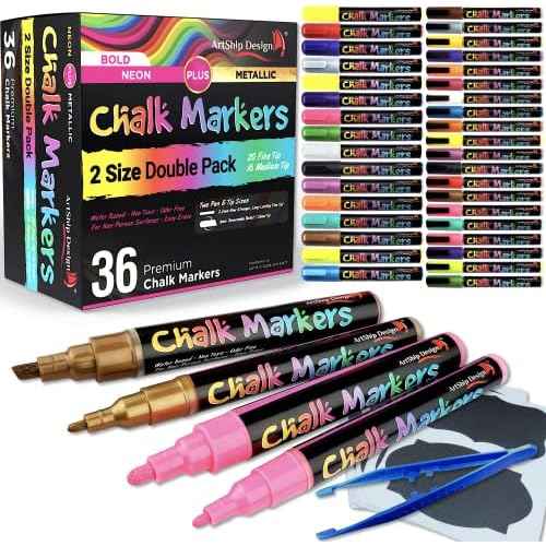 ArtShip Design 36 Chalk Markers Double Pack of Both Fine & Reversible Medium Tip Liquid Chalk Pens with Labels & Tip Tweezers Wet Erase Menu Boards, Windows, Mirrors, Non-Porous Chalkboards, Metal