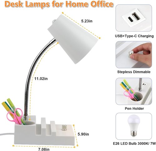 LALISU LED Study Desk Lamp - Gooseneck Design with USB Charging & Stepless Dimming | White