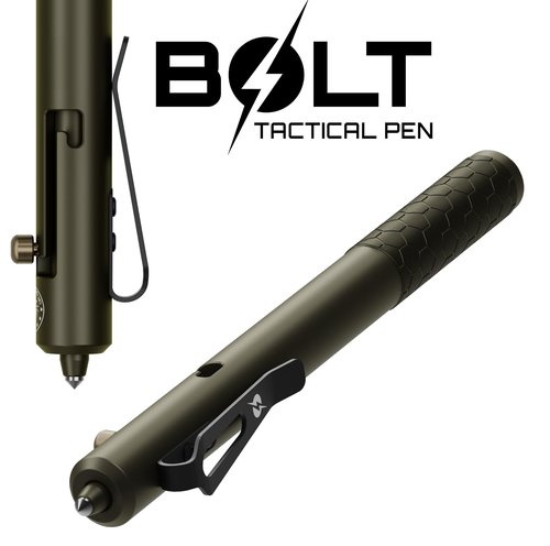 Off-Grid Knives BOLT Tactical Pen with Tungsten Carbide Glass Breaker, Overbuilt Bolt Action XL Writing Tool, Aircraft Aluminum, German Ink, Stainless Steel Clip (Camo Green)
