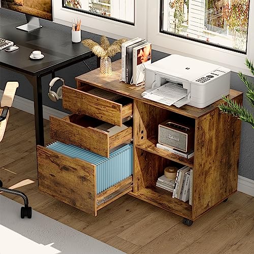 OLIXIS Brown 3-Drawer Lateral File Cabinet with Rolling Printer Stand