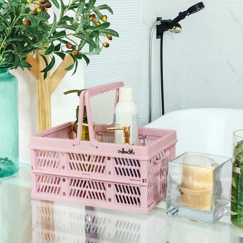 ZHJINGYU crates for storage,plastic baskets for organizing,collapsible shopping basket,20L foldable crate with Handles,Car Milk Dairy storage crate, for Kitchen,Bathroom,Medicine.Garage M,Pink
