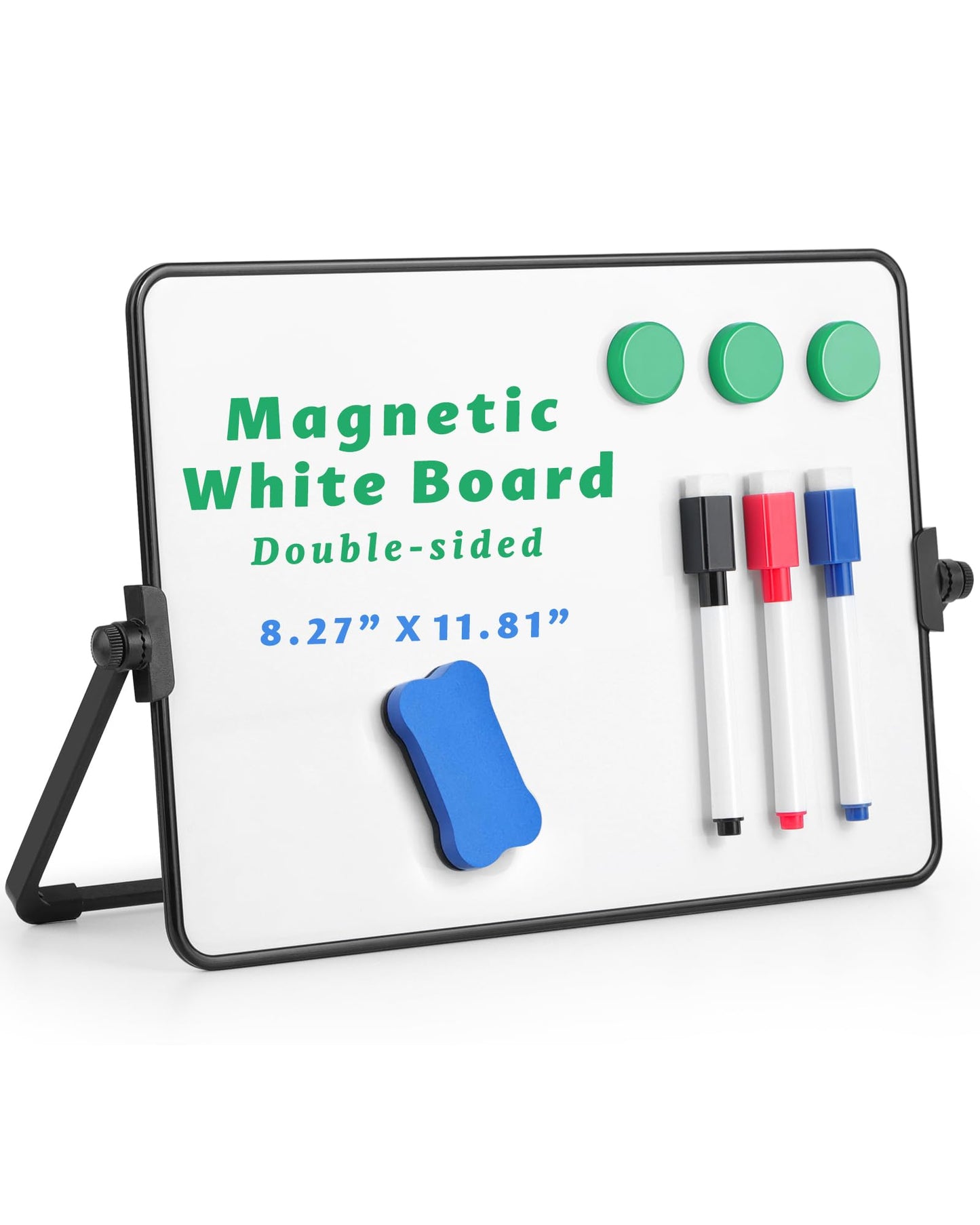 Dry Erase Whiteboard for Students,Small Mini Magnetic Double-Sided Desktop White Board with Stand,Portable Small Whiteboard with 3 Markers/3 Magnets/1 Eraser for Drawing, Home, School,8.27" x 11.8"