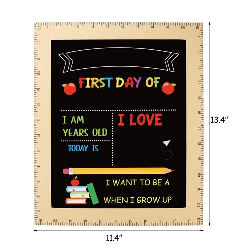 First and Last Day of School Board - First Day of School Sign with Wooden Ruler Frame - 1st Day of Kindergarten Preschool Chalkboard Photo Prop - Back to School Gifts for Kids Girls - 13 x 11 Inch