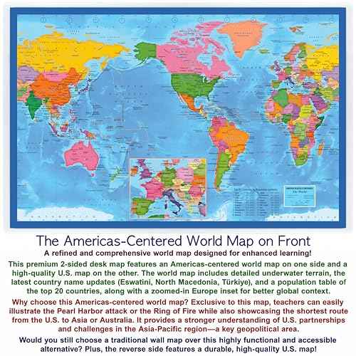 2-Sided Desk Map with Durable Lamination (1 Pack : US & US Centered World 17.5 x 11.5 inches)
