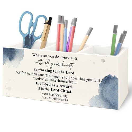 URLLUAE Inspirational Christian Wooden Pen Pencil Holder for Office Desk Accessories, Christian Gifts for Women Men, Bible Verse Colossians 3:23-24 Makeup Brush Toothbrush Holder Organizer