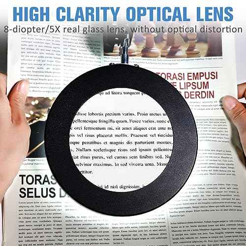 LANCOSC 2-in-1 Magnifying Glass with Light and Stand, 5X Real Glass Lens, 3 Color Modes Stepless Dimmable, Magnifying Desk Lamp & Clamp, LED Lighted Magnifier for Repair, Reading, Crafts, Close Works