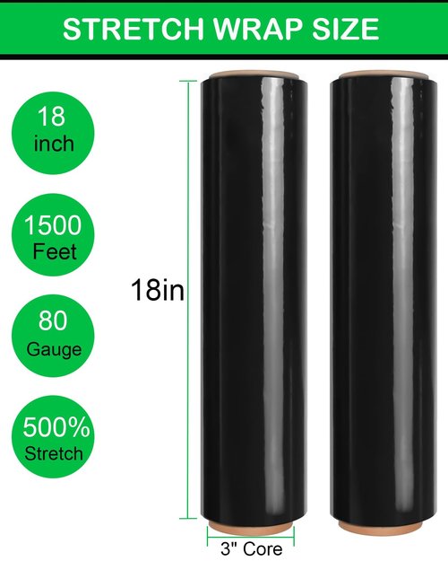 18" Black Stretch Wrap Roll, Heavy Duty 18in 1500ft Shrink Wrap Roll, 80 Gauge Industrial Strength Stretch Film, Stretch Wrap for Moving, Plastic Wrap for Pallet Wrapping Shipping(4 Rolls)