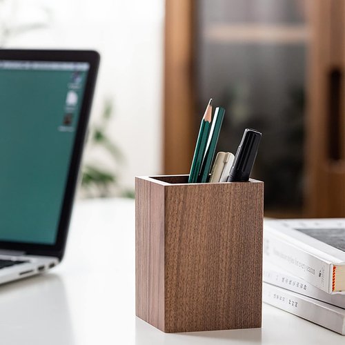 Sokelinn-six Wood Pen Holder for Desk, Natural Black Walnut Handwork Organizer Stand for Pencils Make up Brushes Stationery Office School Desktop Decor Use (Square)