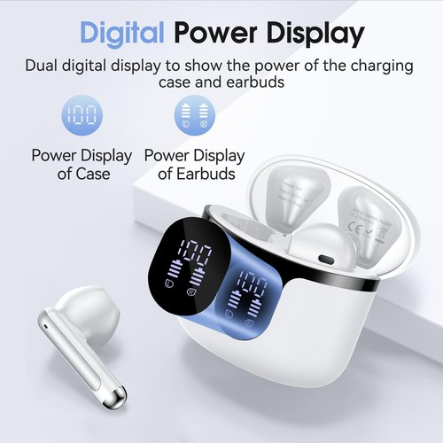 BHNYBWUL Wireless Earbuds Bluetooth Headphones 5.3 Stereo 50 Hour Playback Ear Buds with LED Display and with 4 ENC Noise Cancelling Mic Wireless Earphones, for Phone, Tablet, Laptop, Sports, White