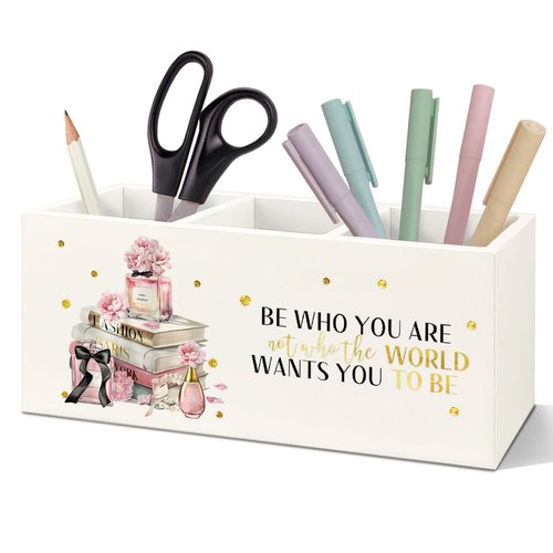 SNNDER Inspirational Gifts for Women Teen Girls Toothbrush Holder, Pink and Gold Bathroom Decor, Be Who You are Motivational Wooden Pen Pencil Holder Organizer for Home Office Desk Accessories