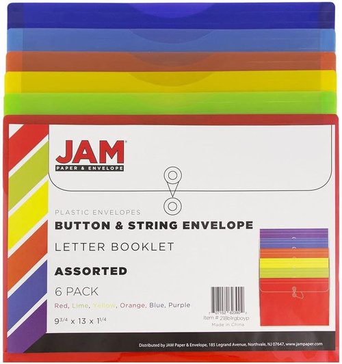 JAM PAPER Plastic Envelopes - Button & String Tie Closure - 9 3/4 x 13 Inches - Assorted Primary Colors - 6 Pack