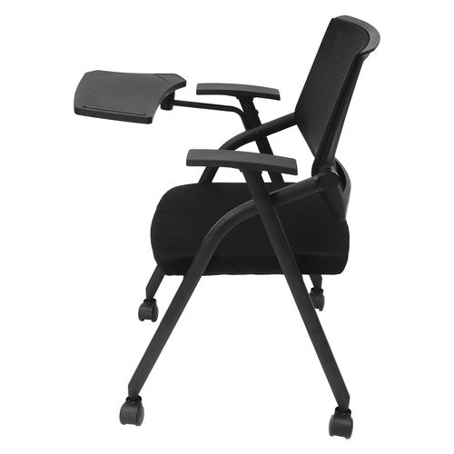 Tablet Arm Chair with Caster Wheels, Foldable and Stacking Office Reception Guest with Ergonomic Mesh Back and Arms for Meeting, Conference, Reception, Training Room & Home Office