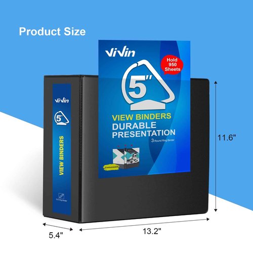 ViVin Durable 5 inch D Ring View Binder, Large 5" Slant-D Ring with 950-Sheet Capacity, Fit 8.5" x 11" Paper, 2 Pack(Black)
