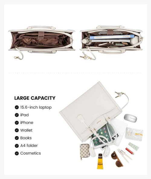 LOVEVOOK Laptop Tote Bag for Women, Leather Office Work Bag Briefcase fit for 15.6 inch Laptop, Large Teacher Computer Bag Handbag,2pcs Set Leather/Beige