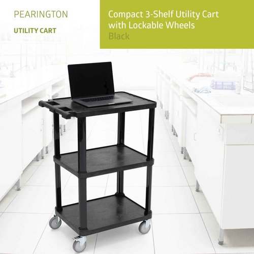 Pearington 3-Tier Compact Multi-Purpose Plastic Utility Cart with Lockable Wheels up to 300LBS, Black