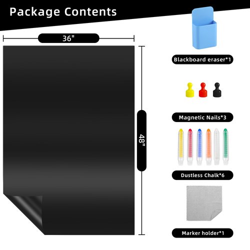 Yunihome Magnetic Black Dry Erase Board for Refrigerator, 48" x 36"Chalk Board Contact Paper Decal for School, Office, Kitchen Fridge, Kids Drawing with Dustless Chalk, Holder and Magnets