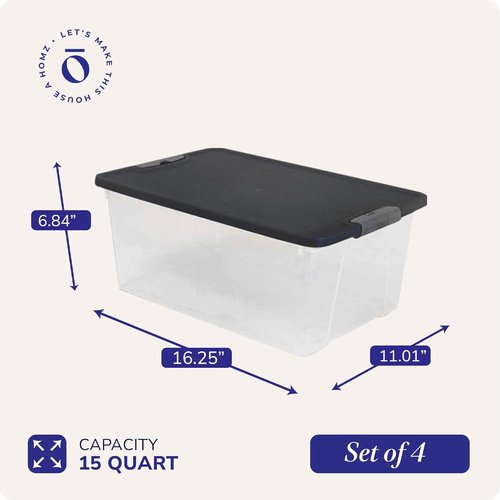 HOMZ 4-Pack Clear Plastic Storage Organizer Bins - 15 Quart Stackable Containers with Gray Lids for Home & Office