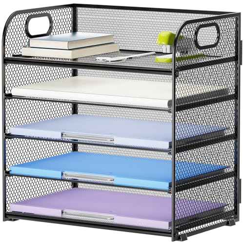 Marbrasse 5 Tier Paper Organizer Letter Tray, Mesh Desk File Organizer with Handle, Paper Sorter Desk Organizer for Home Office Supplies(Black)