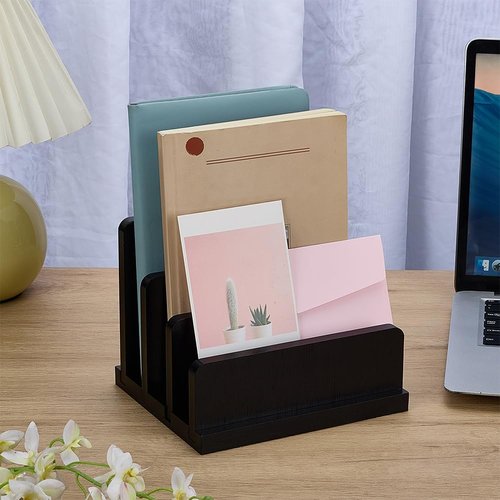 FINGERINSPIRE Black Bamboo Countertop Mail Holder with 4 Different Sizes Slots, Rectangle Bamboo Mail Organizer Vertical Desk Letter/File/Paper/Folder/Bill Holder for Home or Office Desktop