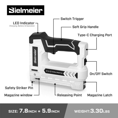 Bielmeier Electric Staple Gun 5 in 1 Band Nailer, 4V Rechargeable Cordless Stapler, Nail Gun Battery Powered with 2,000 Staples and Nails, Power Tacker Pin Nailer for Home Use, Wood, Upholstery, DIY