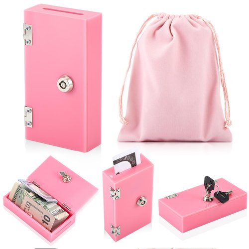 CroBlissful Acrylic Box for Gambler, Winners Bank Portable Safe Casino Money Pocket Sized Cash Box with 2 Keys and Storage Bag(Pink,1 Pack)